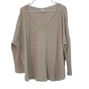 Flawless Womens V-Neck Waffle Knit Long Sleeve Thermal Top L Boxy Nude GUC 7565